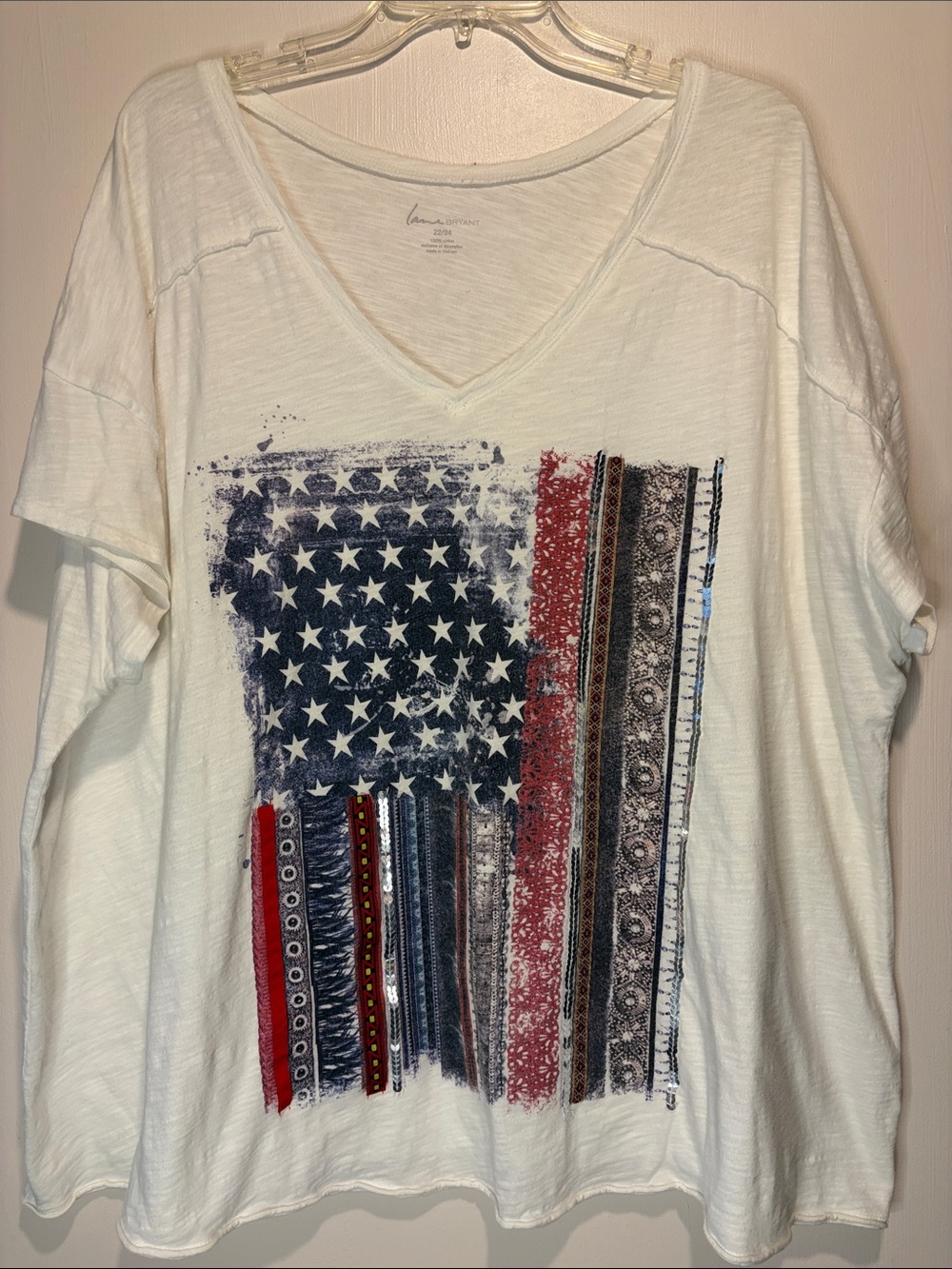 Lane Bryant 100% Cotton White V Neck American Flag Boxy T-shirt Rolled Hem 22/24